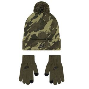 Nike Boys Camo Pom Beanie Hat and Glove Set -E